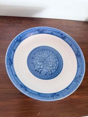 Japanese Arita Blue and White Porcelain Shallow Bowl Platter with Embossed Flora